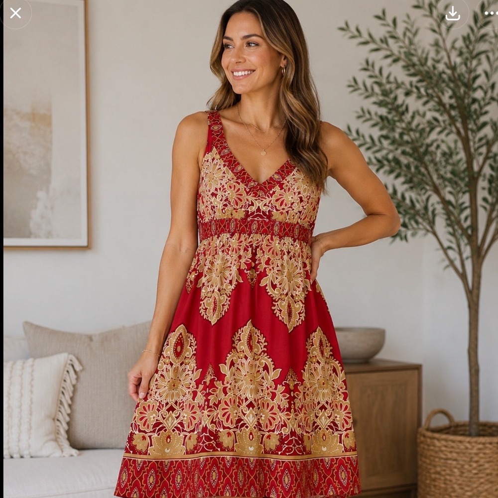 INC Red Paisley Medallion Rhinestone Empire Waist Sleeveless V-Neck Dress